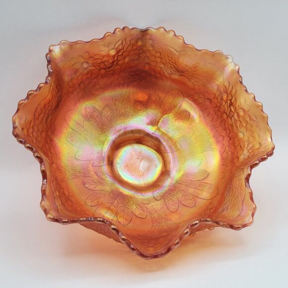 Fenton Orange Tree 4 Foot Marigold Iridescent Carnival Glass Ruffled Bowl 10" - Picture 8 of 15